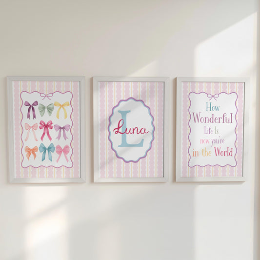 Personalised Girls Nursery Wall Art Set of 3 | Framed or Unframed | Pink Pastel Bedroom Decor | Custom Name Initial Print