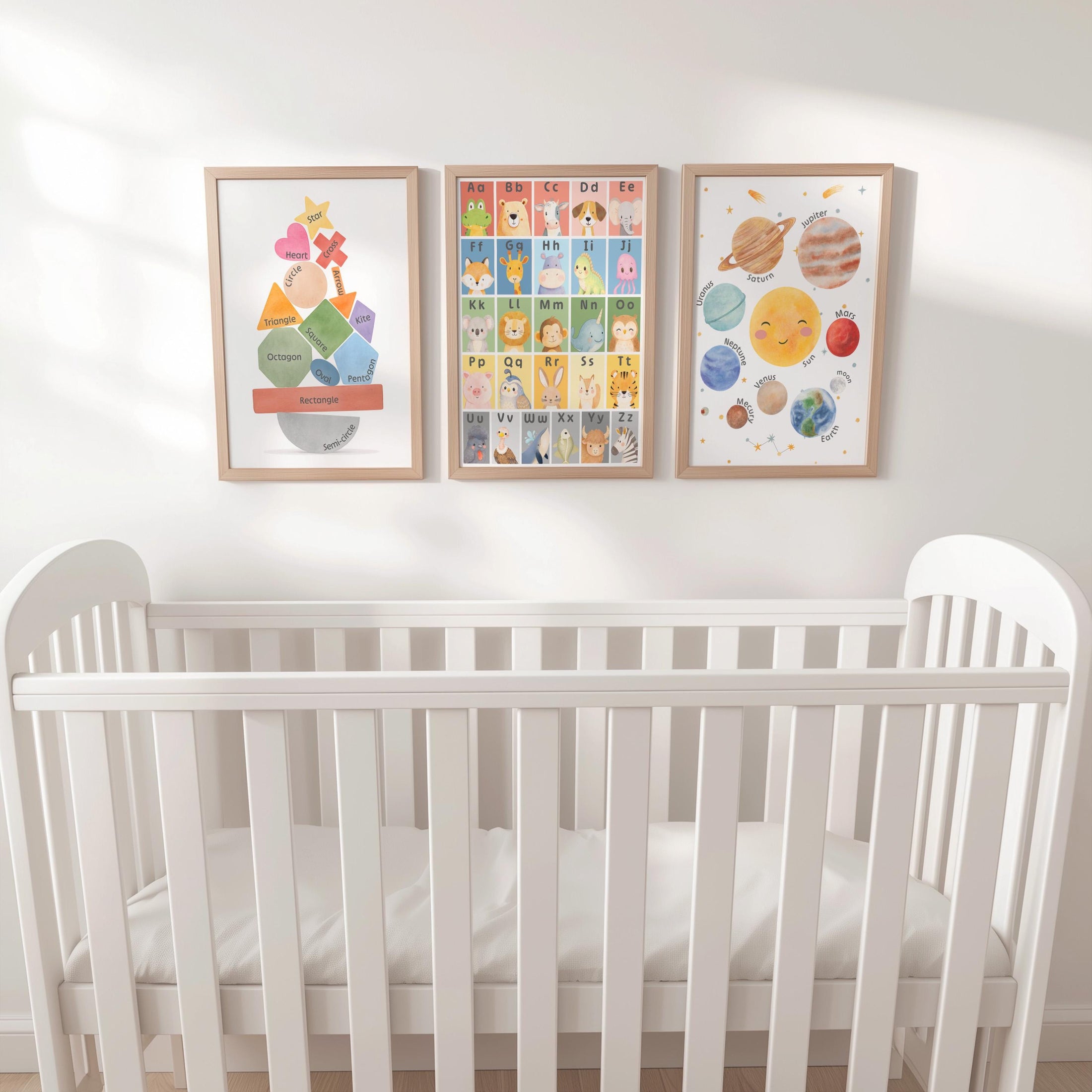 Nursery Learning Prints: Alphabet Animals, Solar System, Shapes (Set of 3) | Framed or Unframed