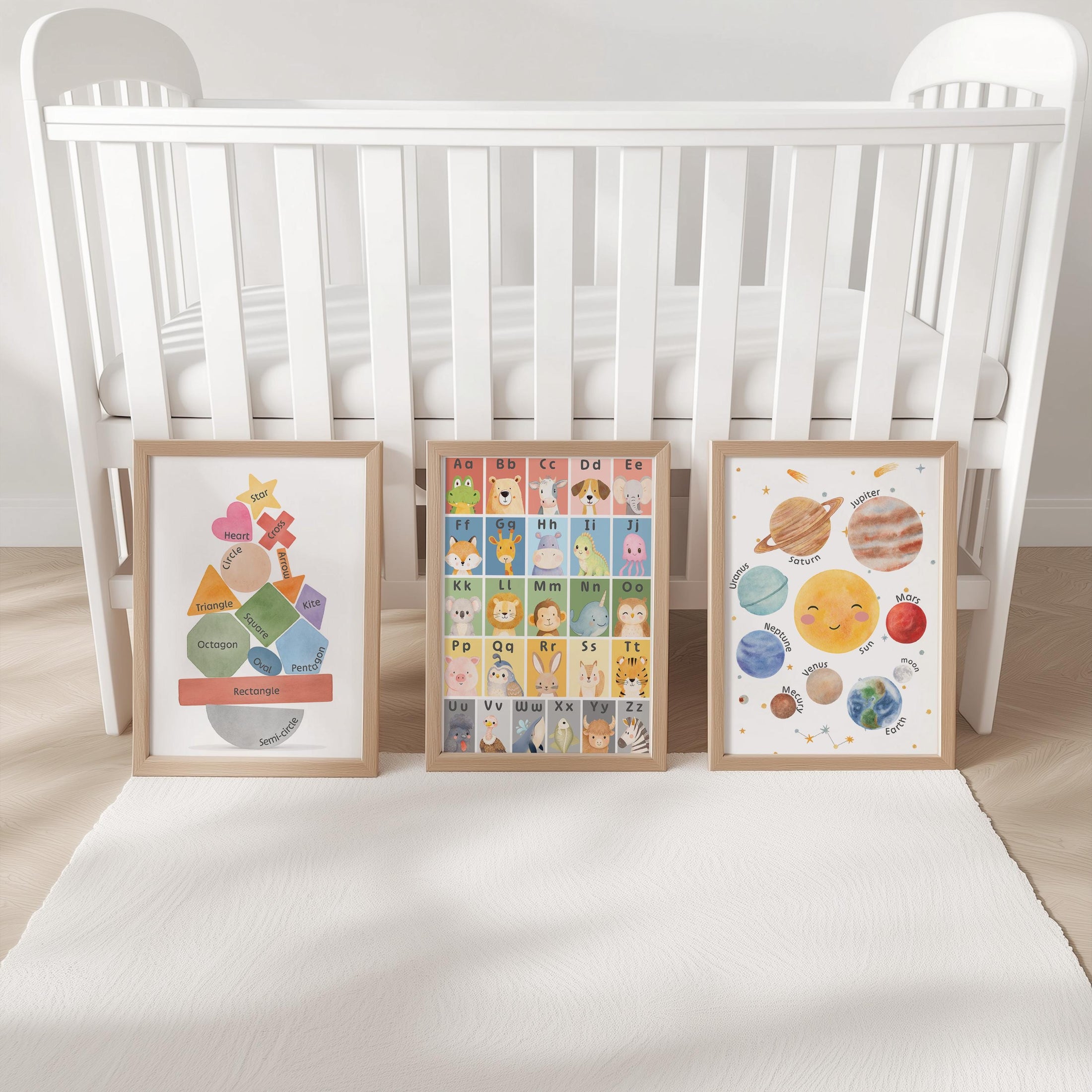 Nursery Learning Prints: Alphabet Animals, Solar System, Shapes (Set of 3) | Framed or Unframed