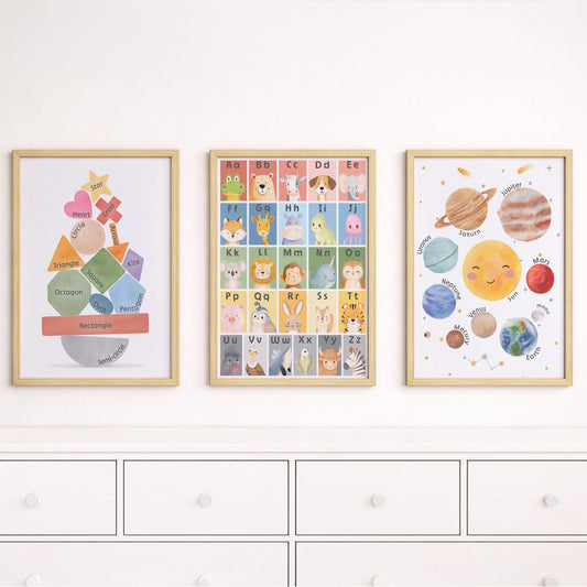 Nursery Learning Prints: Alphabet Animals, Solar System, Shapes (Set of 3) | Framed or Unframed