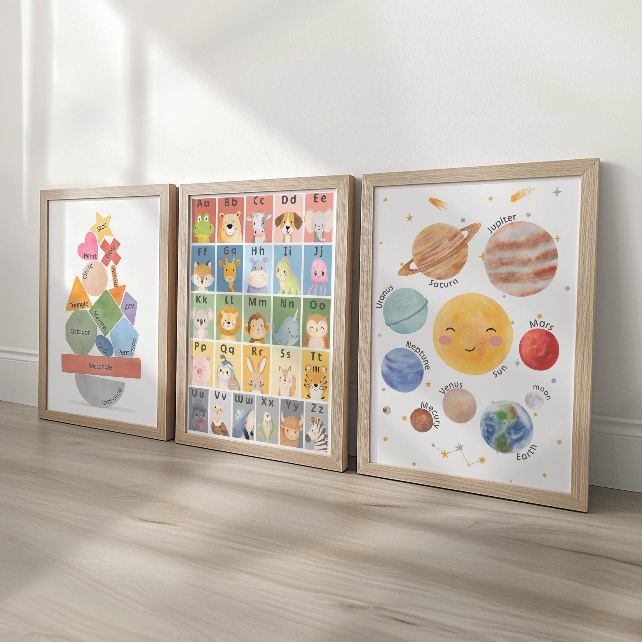 Nursery Learning Prints: Alphabet Animals, Solar System, Shapes (Set of 3) | Framed or Unframed