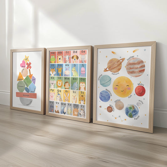 Nursery Learning Prints: Alphabet Animals, Solar System, Shapes (Set of 3) | Framed or Unframed