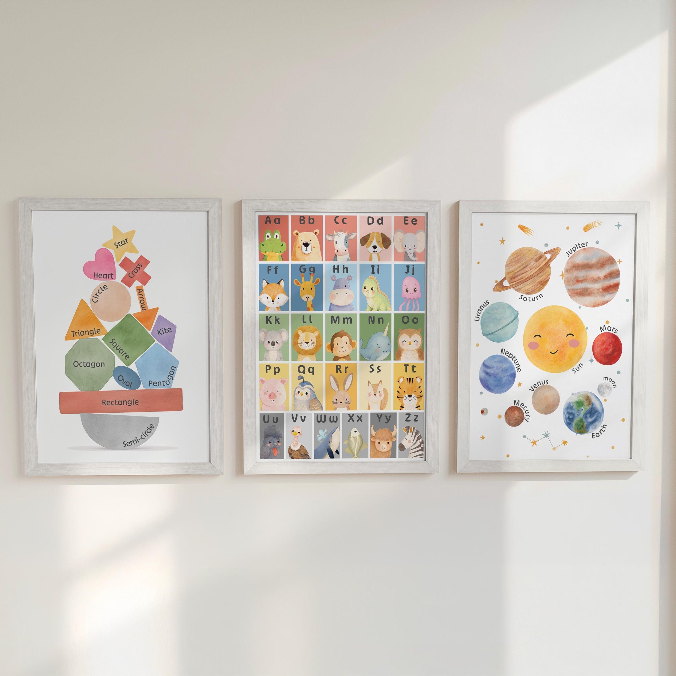 Nursery Learning Prints: Alphabet Animals, Solar System, Shapes (Set of 3) | Framed or Unframed