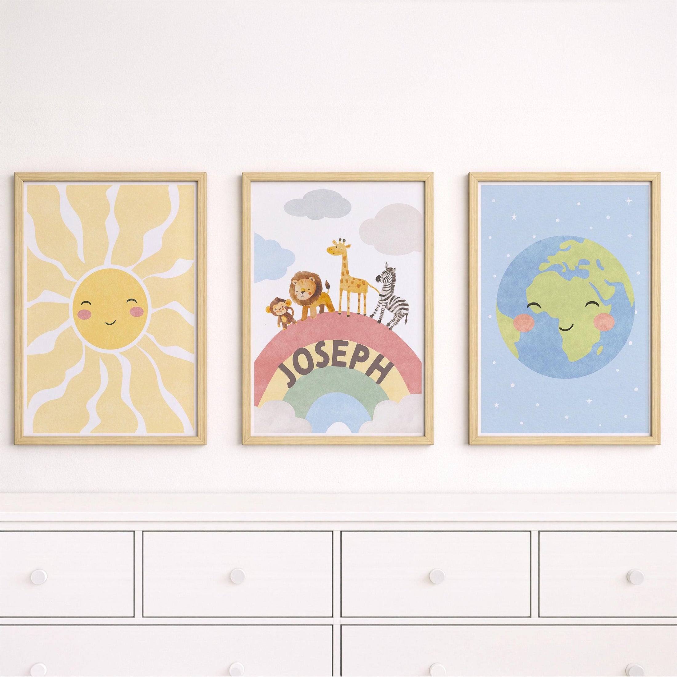 Safari Nursery Art Set of 3 Prints | Personalised Jungle Animals, Sun and Earth Print | Framed or Unframed