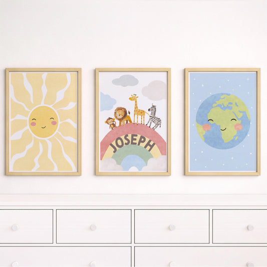 Safari Nursery Art Set of 3 Prints | Personalised Jungle Animals, Sun and Earth Print | Framed or Unframed