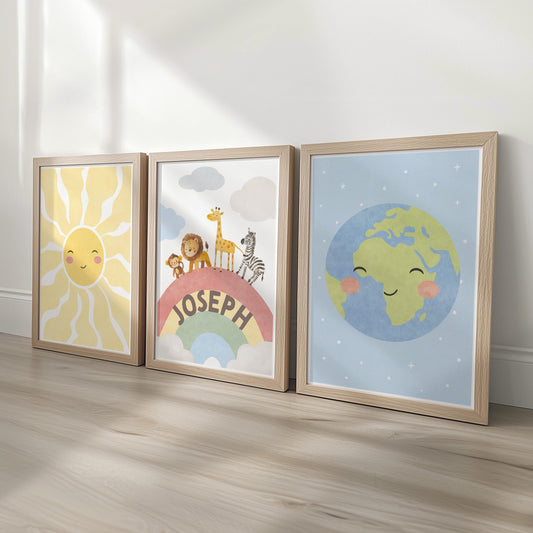 Safari Nursery Art Set of 3 Prints | Personalised Jungle Animals, Sun and Earth Print | Framed or Unframed