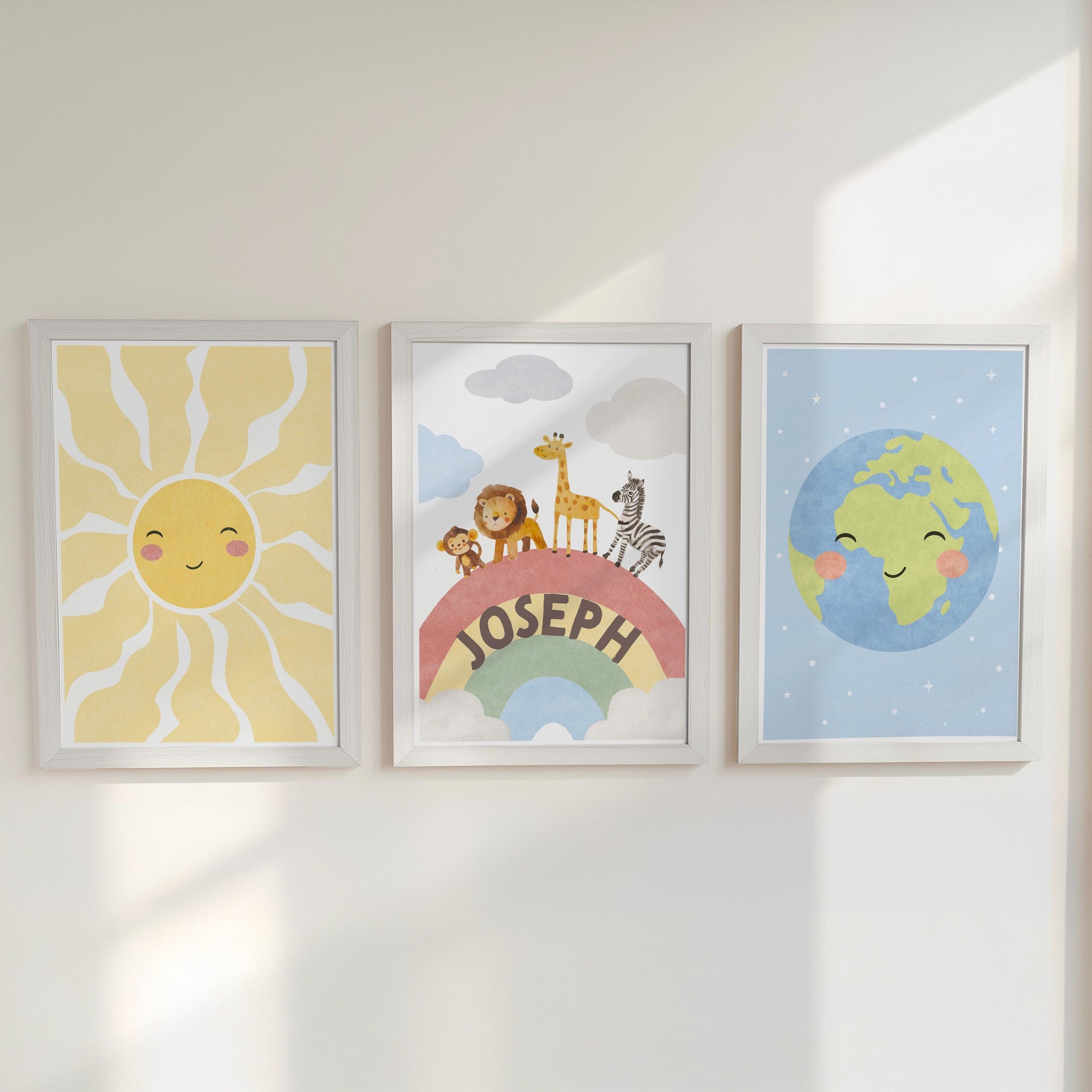 Safari Nursery Art Set of 3 Prints | Personalised Jungle Animals, Sun and Earth Print | Framed or Unframed