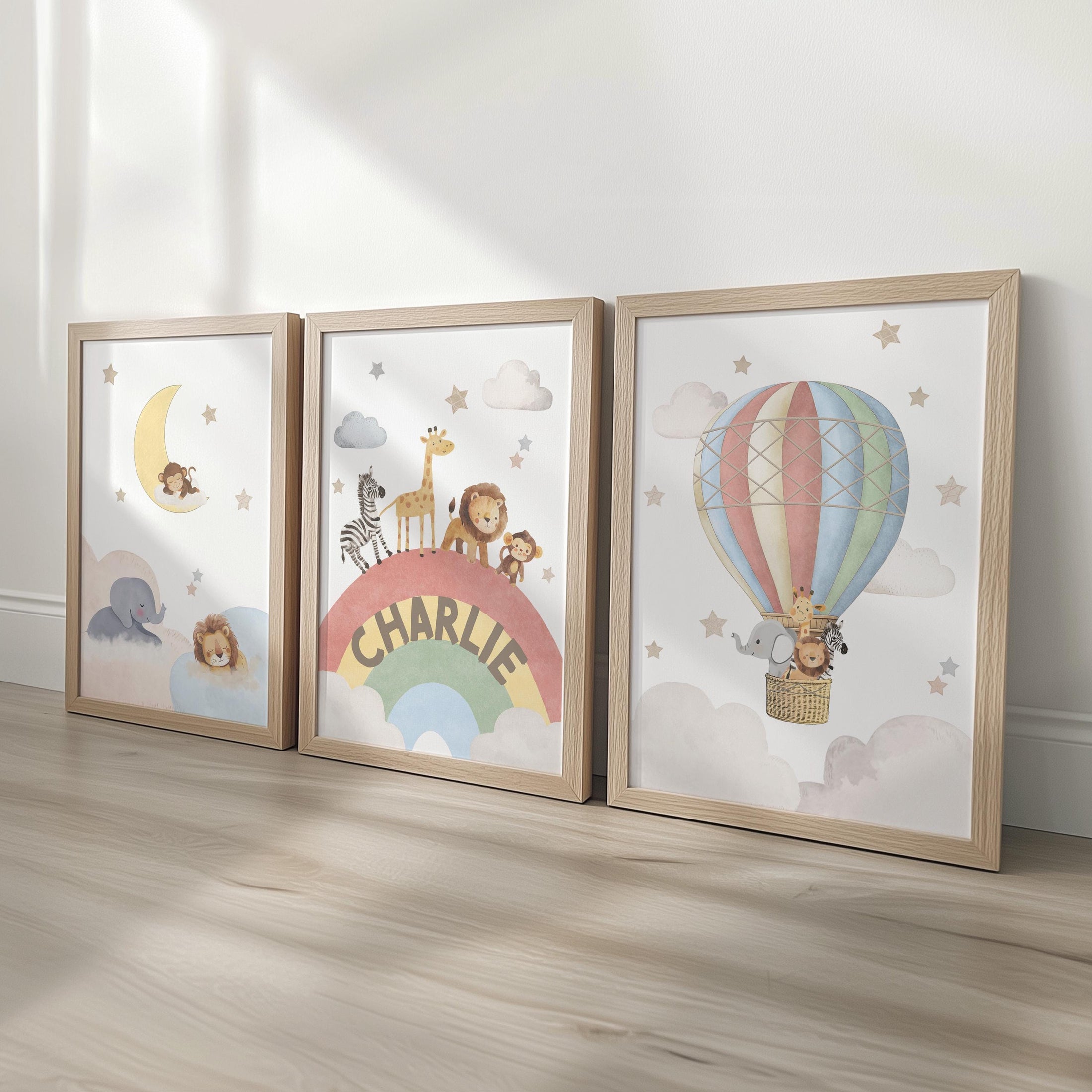 Rainbow Animal Nursery Wall Prints, Set of 3 Hot Air Balloon, Safari Animal Kids Room Posters, Framed or Unframed
