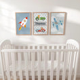 Load image into Gallery viewer, Transport Nursery Wall Art Print Set, Rocket, Racing Car and Plane Poster, Personalised Name Nursery Decor, Framed or Unframed
