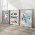 Load image into Gallery viewer, Transport Nursery Wall Art Print Set, Rocket, Racing Car and Plane Poster, Personalised Name Nursery Decor, Framed or Unframed
