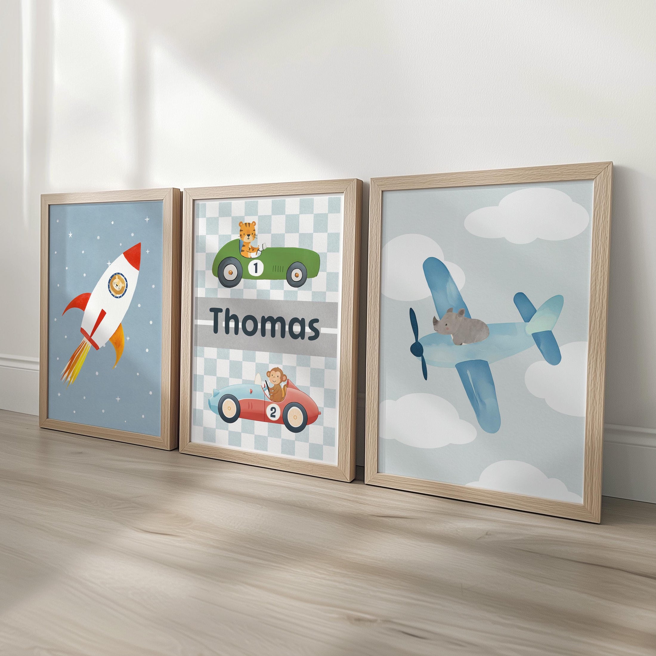 Transport Nursery Wall Art Print Set, Rocket, Racing Car and Plane Poster, Personalised Name Nursery Decor, Framed or Unframed