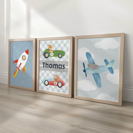 Transport Nursery Wall Art Print Set, Rocket, Racing Car and Plane Poster, Personalised Name Nursery Decor, Framed or Unframed