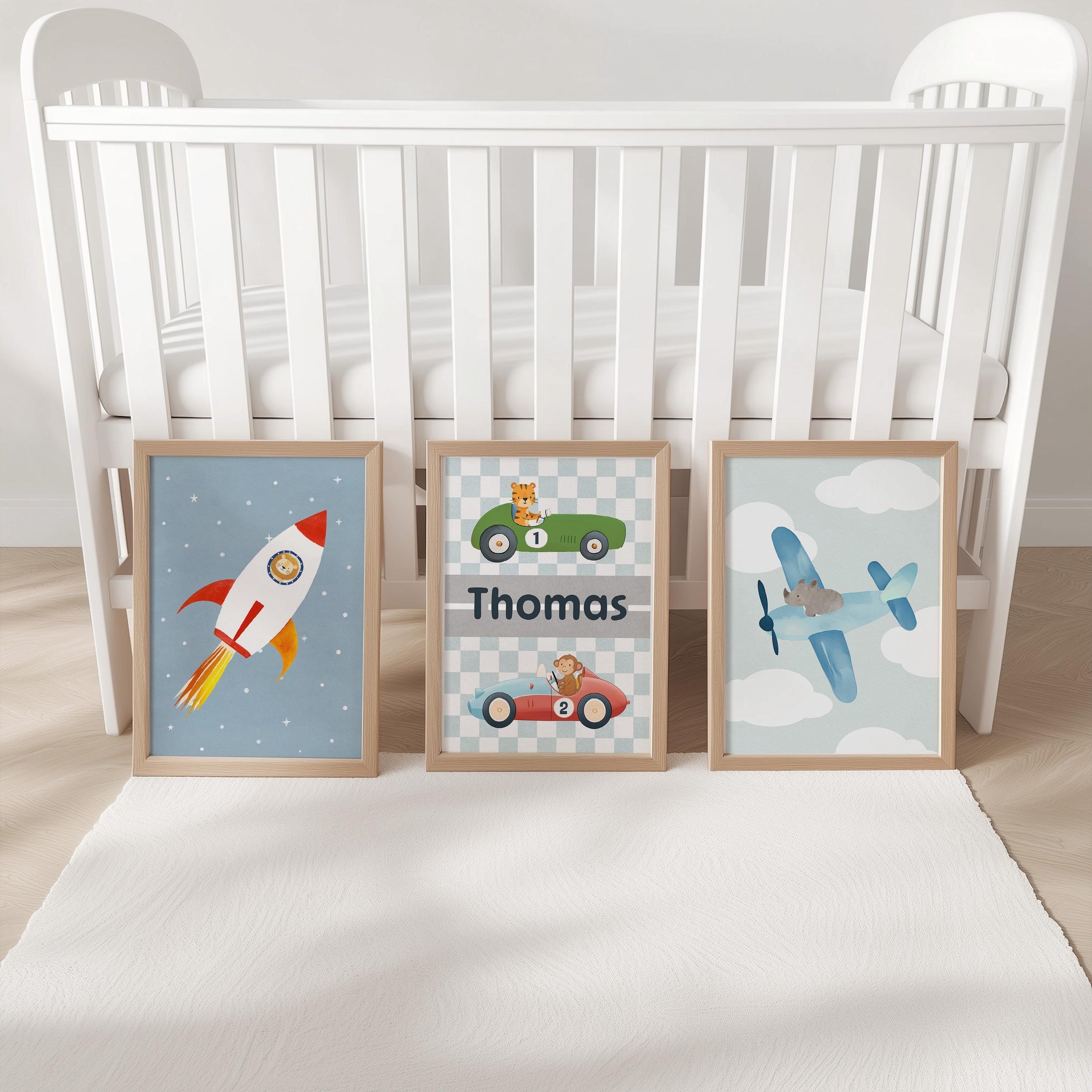 Transport Nursery Wall Art Print Set, Rocket, Racing Car and Plane Poster, Personalised Name Nursery Decor, Framed or Unframed