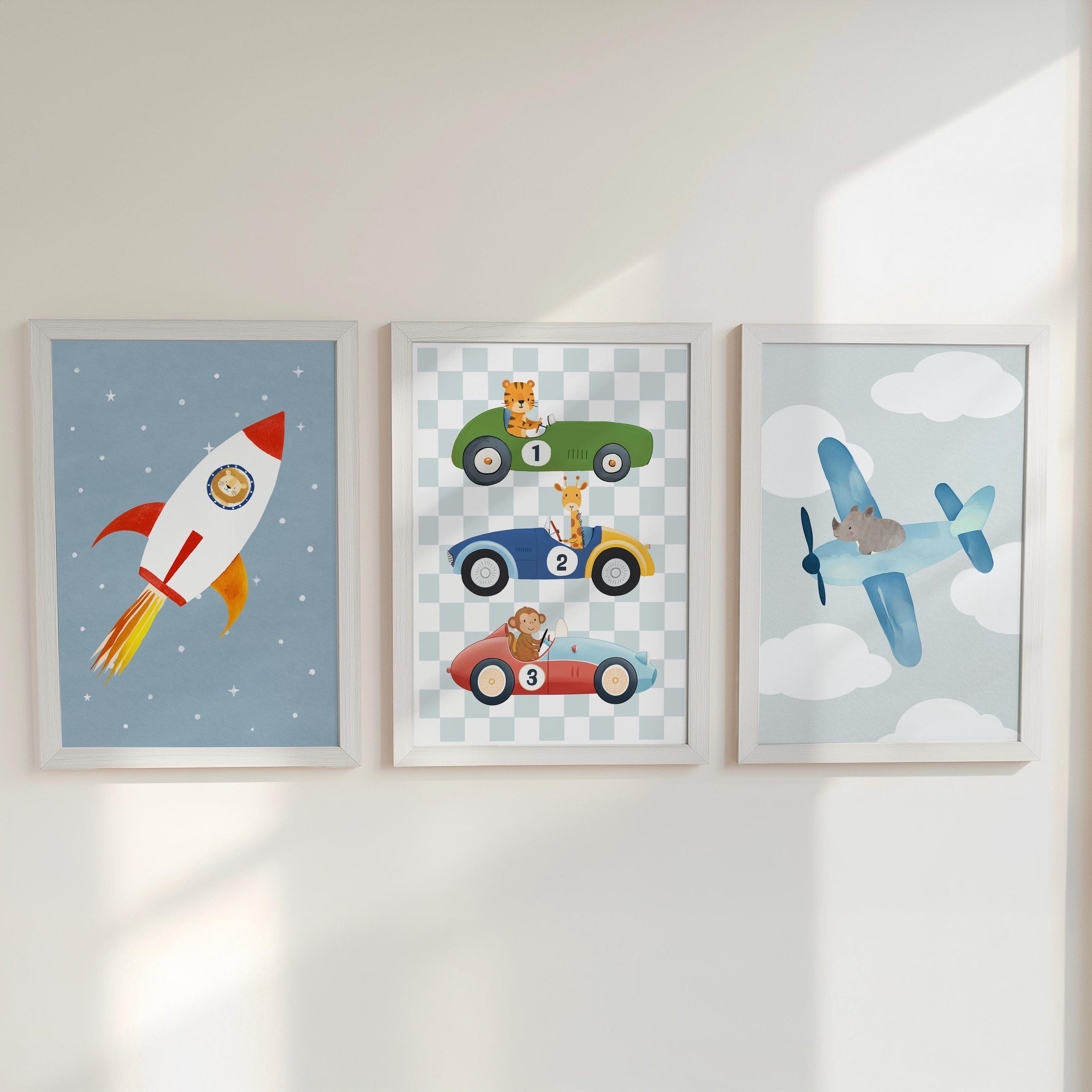 Transport Nursery Wall Art Print Set, Rocket, Racing Car and Plane Poster, Personalised Name Nursery Decor, Framed or Unframed