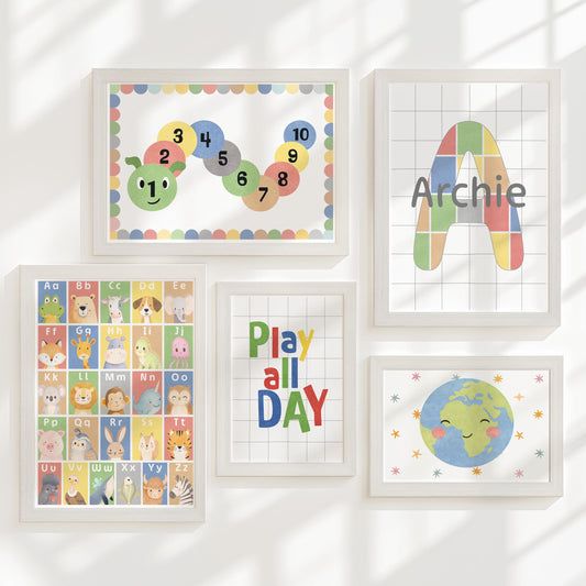 Personalised Nursery Wall Art Set, Alphabet Animals Poster, Numbers Caterpillar, Educational Nursery Decor, Framed or Unframed
