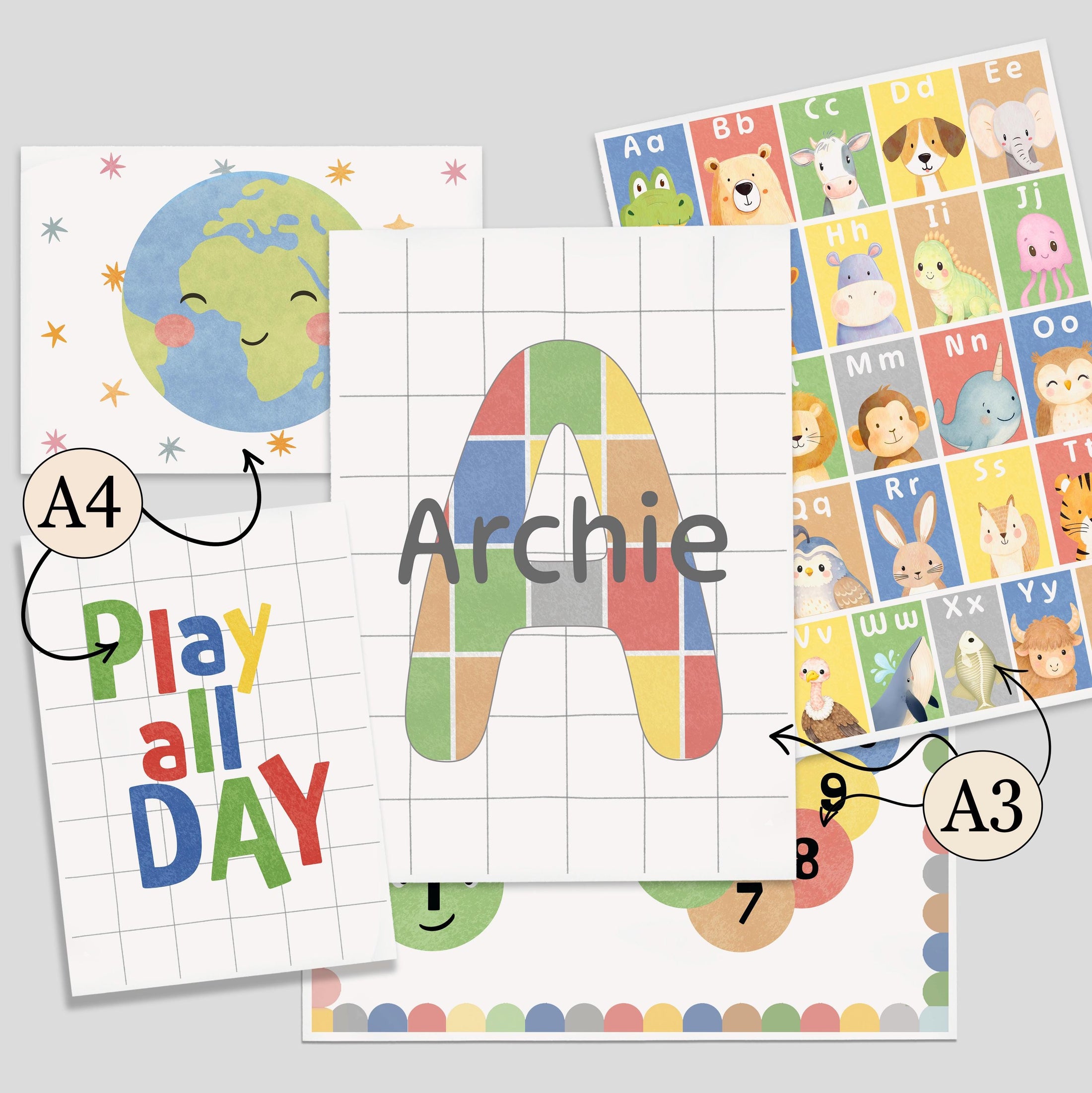 Personalised Nursery Wall Art Set, Alphabet Animals Poster, Numbers Caterpillar, Educational Nursery Decor, Framed or Unframed