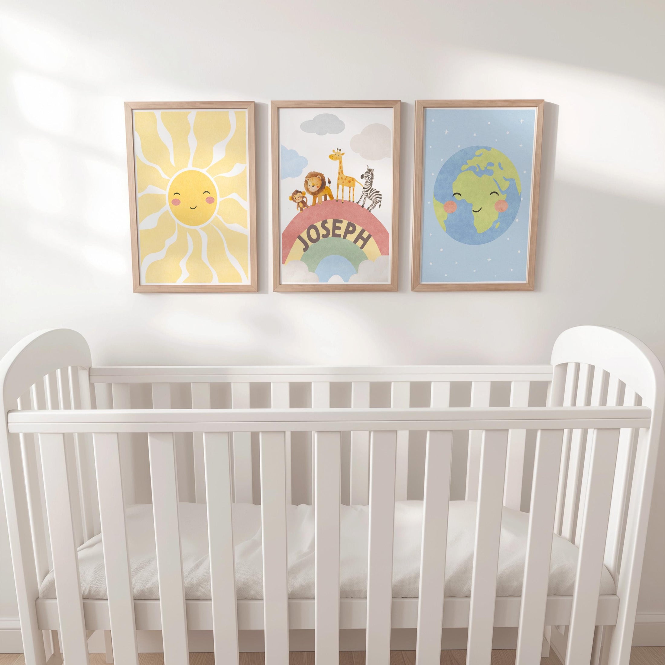 Safari Nursery Art Set of 3 Prints | Personalised Jungle Animals, Sun and Earth Print | Framed or Unframed