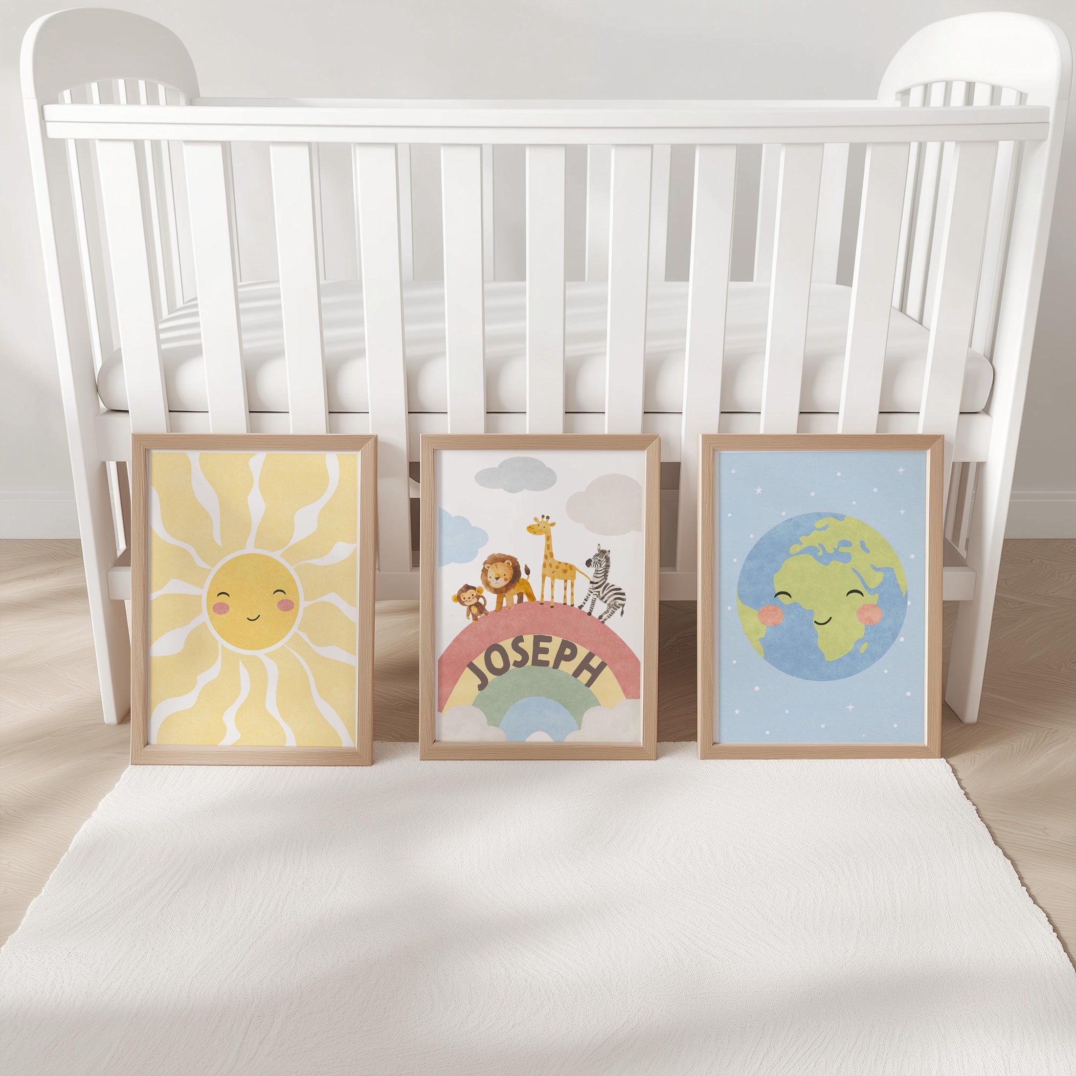 Safari Nursery Art Set of 3 Prints | Personalised Jungle Animals, Sun and Earth Print | Framed or Unframed