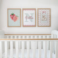 Load image into Gallery viewer, Girls Personalised Set of 3 Nursery Prints, Scalloped Gingham Initial, Strawberry & Bunny Wall Art - Optional Frames
