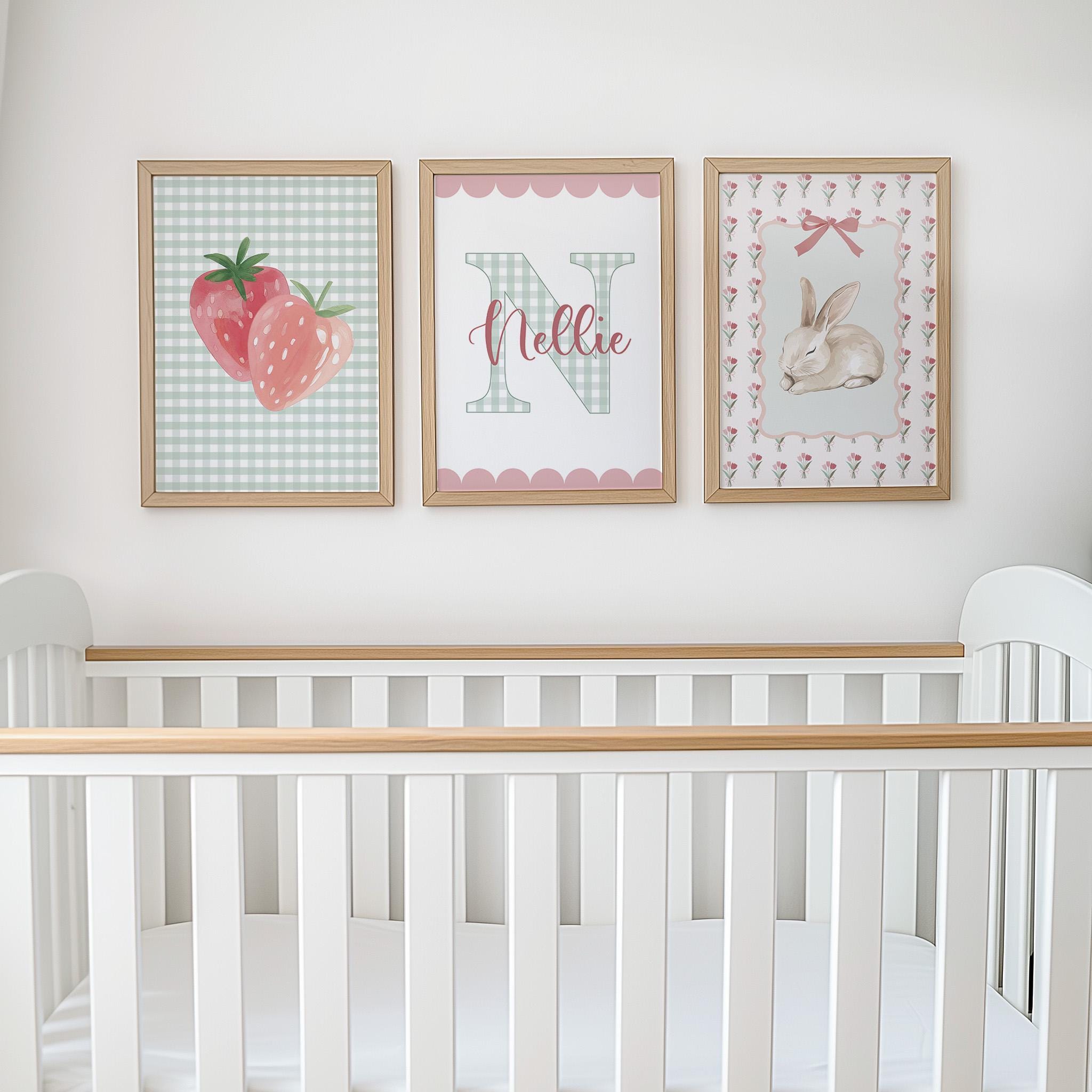 Girls Personalised Set of 3 Nursery Prints, Scalloped Gingham Initial, Strawberry & Bunny Wall Art - Optional Frames