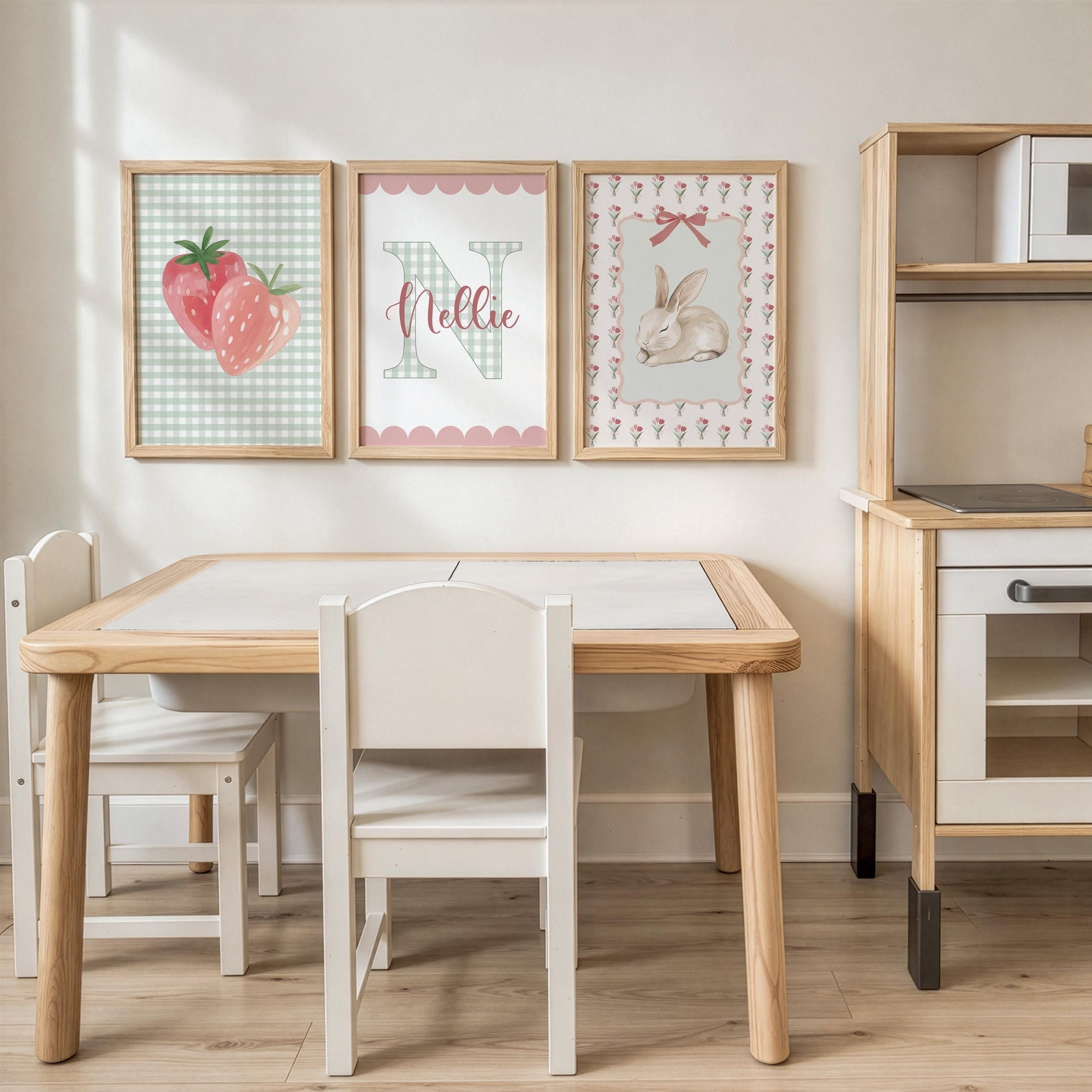Girls Personalised Set of 3 Nursery Prints, Scalloped Gingham Initial, Strawberry & Bunny Wall Art - Optional Frames