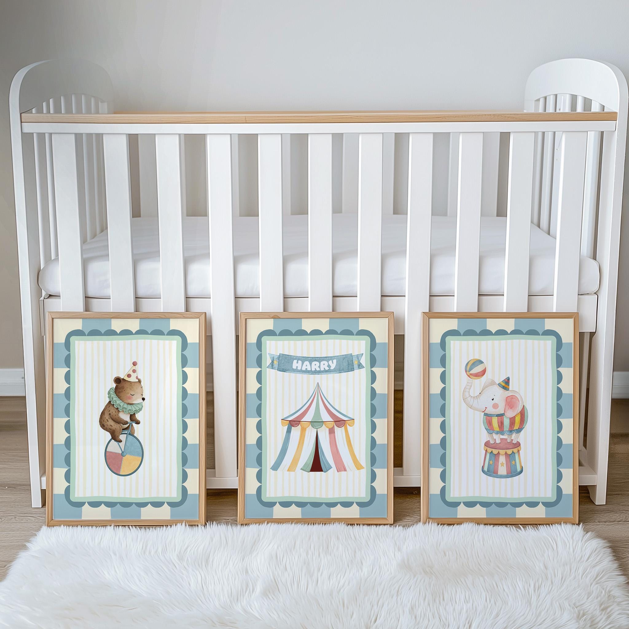 Personalised Circus Nursery Prints, Baby Name Print, Elephant Bear Big Top Tent, Kids Bedroom or Playroom Decor - Optional Frames