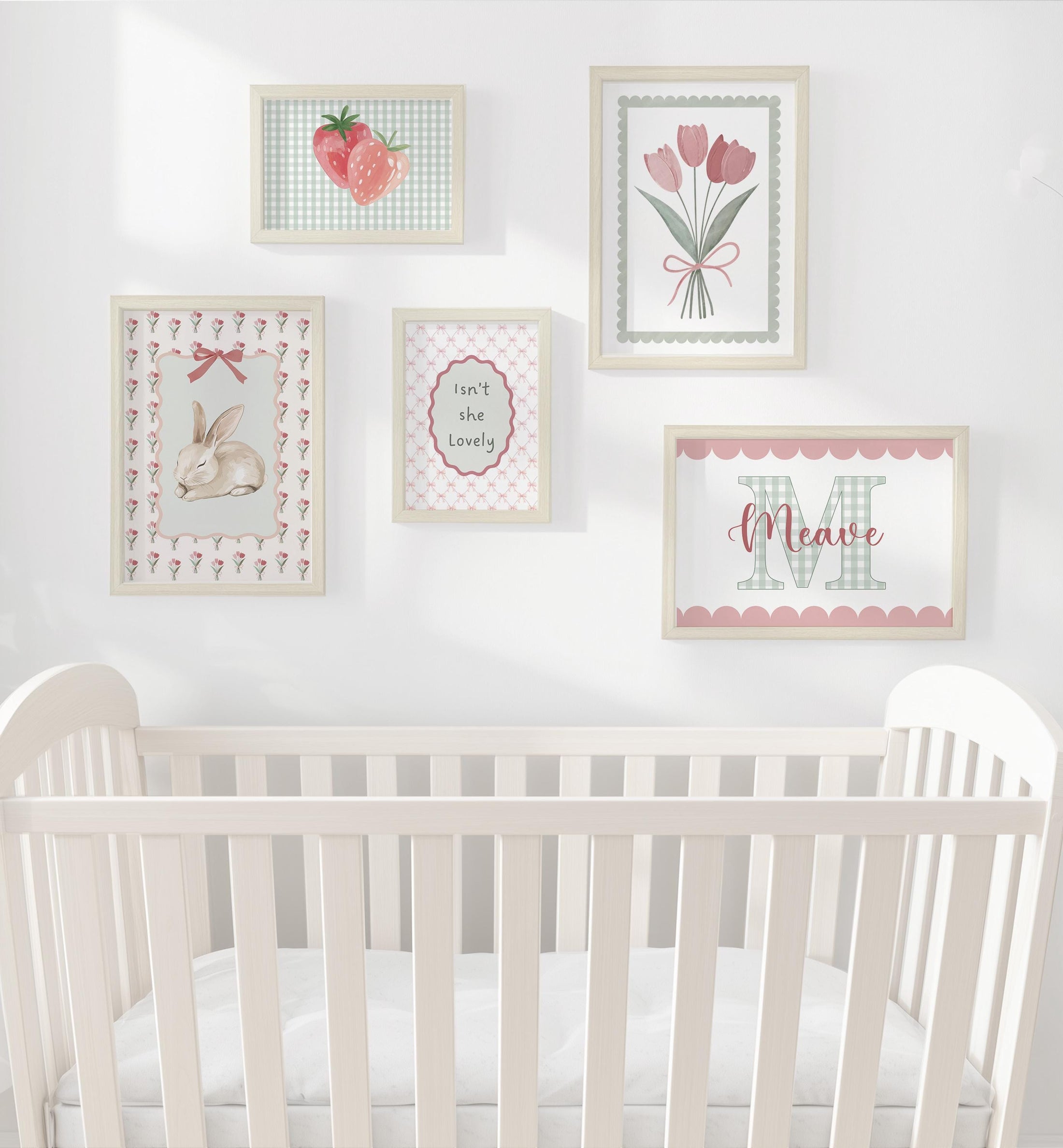 Personalised Bunny Nursery Print Set, Strawberry & Tulip Gallery Wall, Floral Baby Girl Gingham Cottagecore Wall Art - Optional Frames