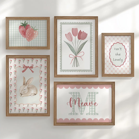 Personalised Bunny Nursery Print Set, Strawberry & Tulip Gallery Wall, Floral Baby Girl Gingham Cottagecore Wall Art - Optional Frames