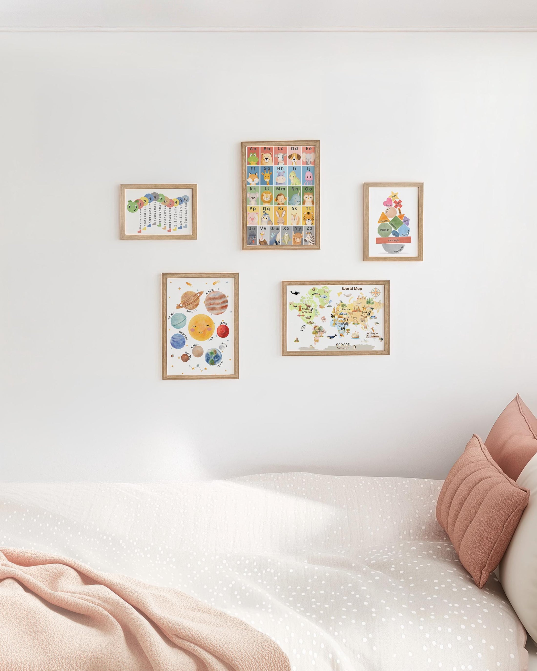 Educational Nursery Gallery Wall Set, Alphabet, Solar System Poster, World Map, Numbers and Shapes, Kids Learning Prints - Optional Frames