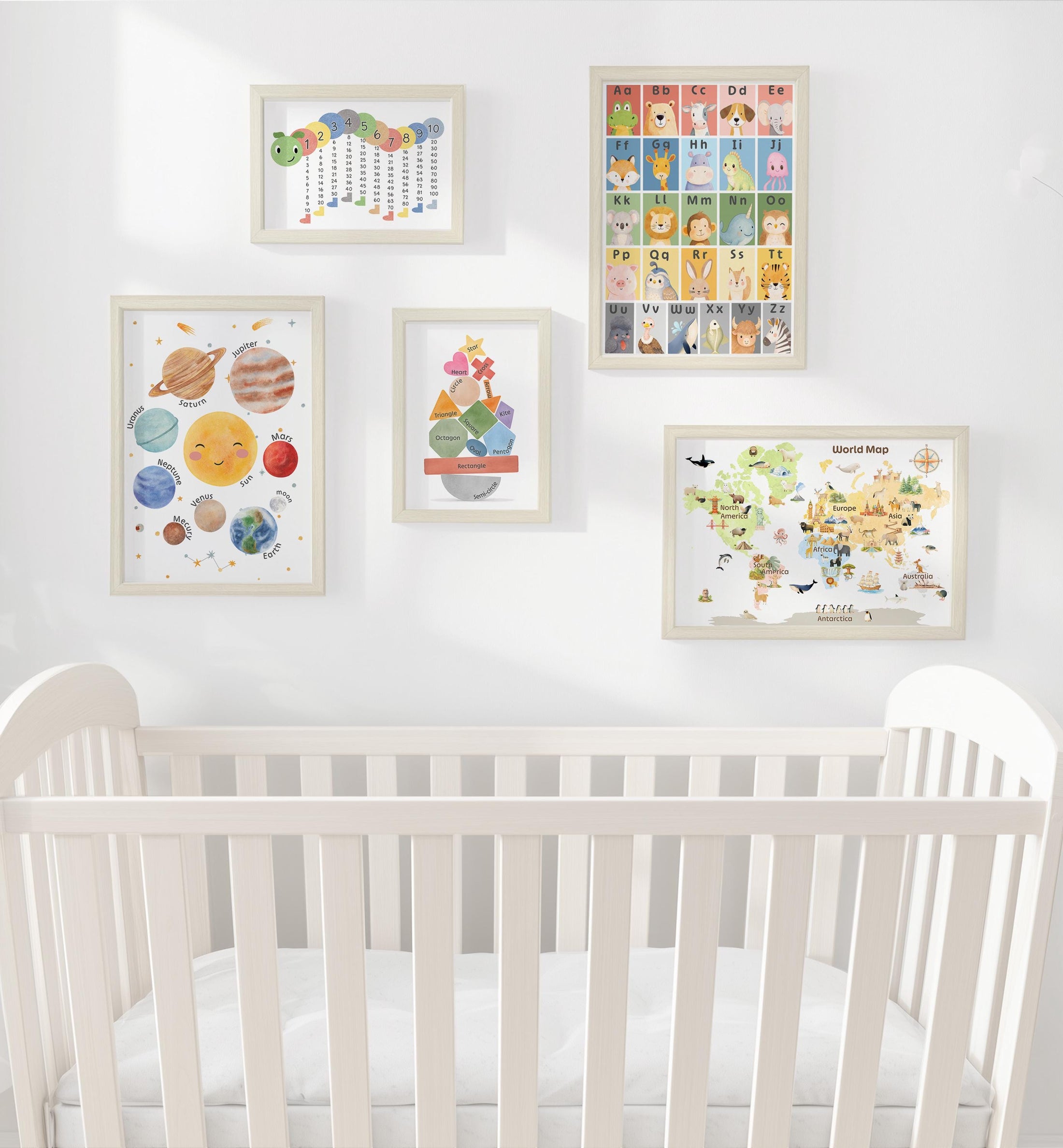 Educational Nursery Gallery Wall Set, Alphabet, Solar System Poster, World Map, Numbers and Shapes, Kids Learning Prints - Optional Frames
