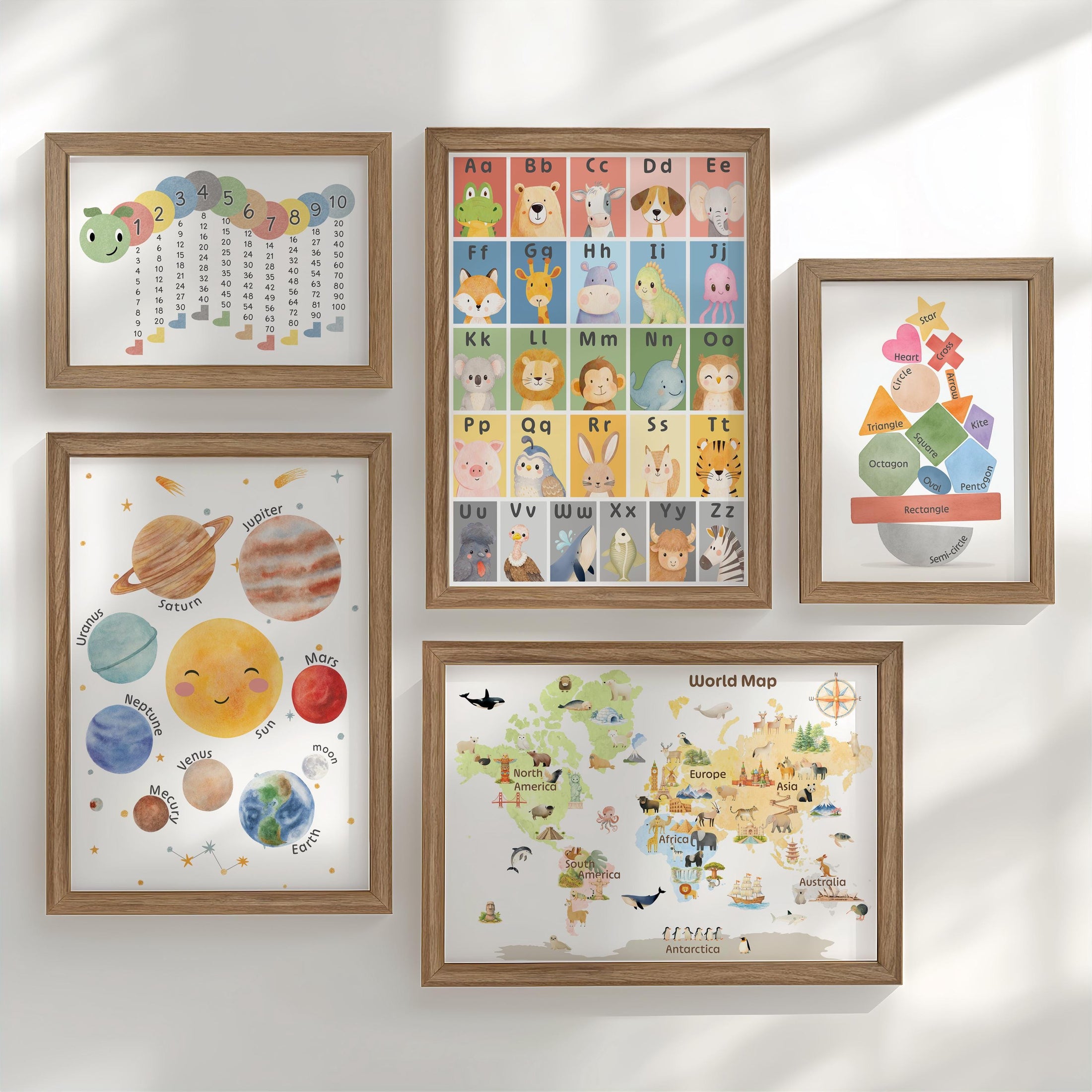 Educational Nursery Gallery Wall Set, Alphabet, Solar System Poster, World Map, Numbers and Shapes, Kids Learning Prints - Optional Frames