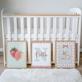 Load image into Gallery viewer, Girls Personalised Set of 3 Nursery Prints, Scalloped Gingham Initial, Strawberry & Bunny Wall Art - Optional Frames
