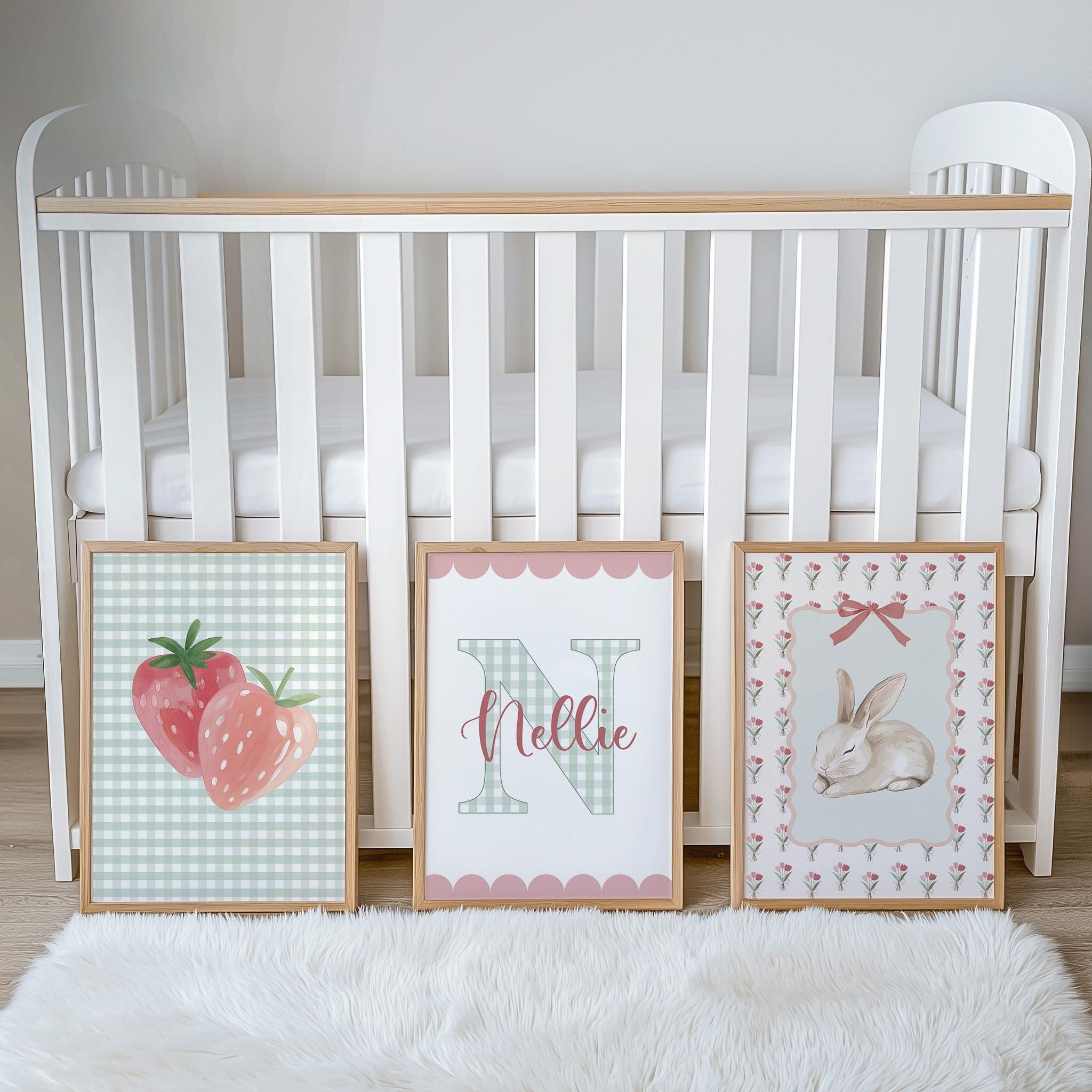 Girls Personalised Set of 3 Nursery Prints, Scalloped Gingham Initial, Strawberry & Bunny Wall Art - Optional Frames