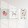 Load image into Gallery viewer, Girls Personalised Set of 3 Nursery Prints, Scalloped Gingham Initial, Strawberry & Bunny Wall Art - Optional Frames
