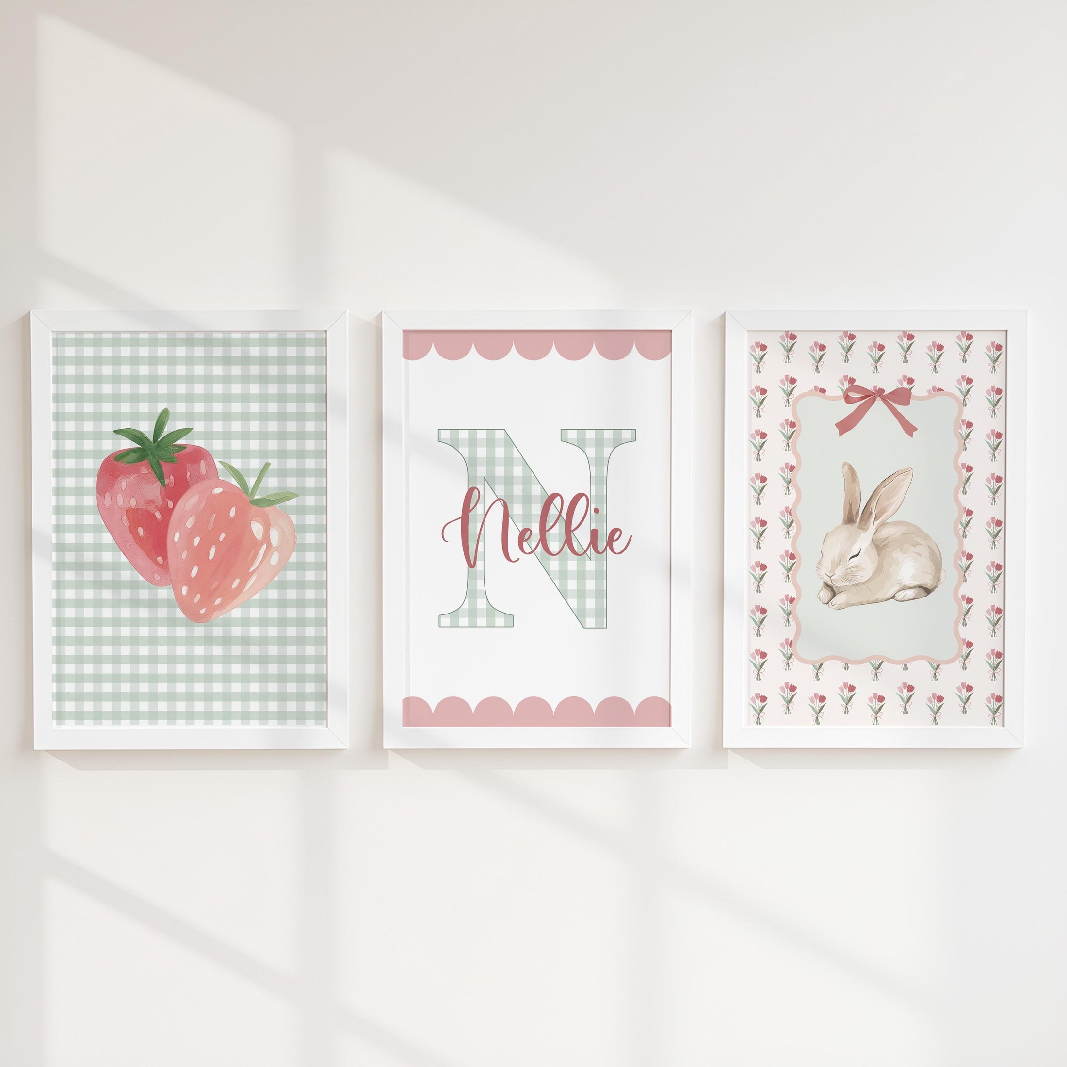 Girls Personalised Set of 3 Nursery Prints, Scalloped Gingham Initial, Strawberry & Bunny Wall Art - Optional Frames