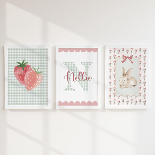Girls Personalised Set of 3 Nursery Prints, Scalloped Gingham Initial, Strawberry & Bunny Wall Art - Optional Frames