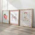 Load image into Gallery viewer, Girls Personalised Set of 3 Nursery Prints, Scalloped Gingham Initial, Strawberry & Bunny Wall Art - Optional Frames
