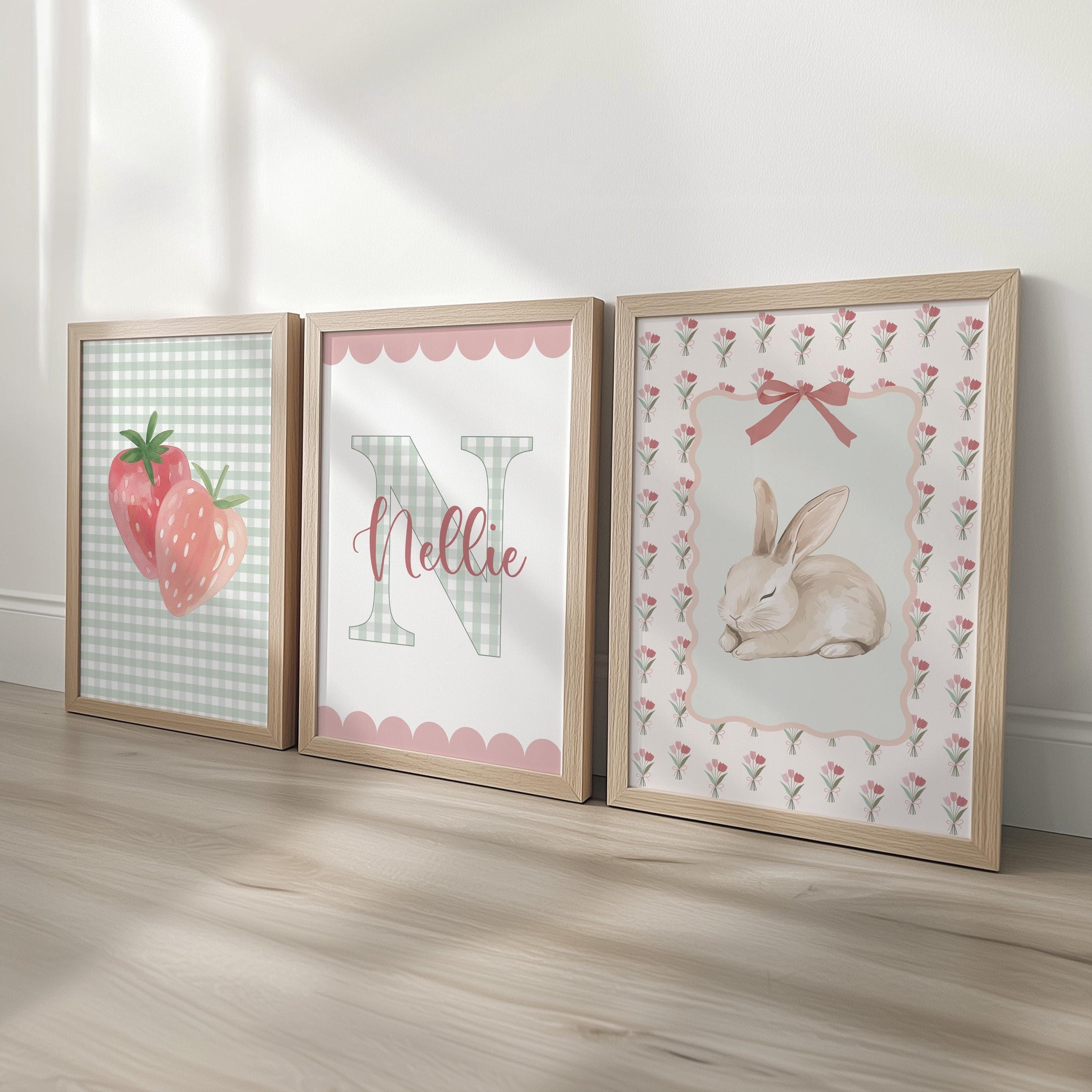 Girls Personalised Set of 3 Nursery Prints, Scalloped Gingham Initial, Strawberry & Bunny Wall Art - Optional Frames