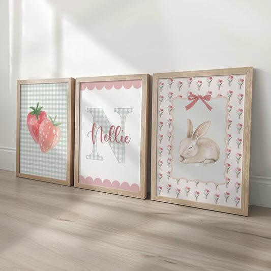 Girls Personalised Set of 3 Nursery Prints, Scalloped Gingham Initial, Strawberry & Bunny Wall Art - Optional Frames