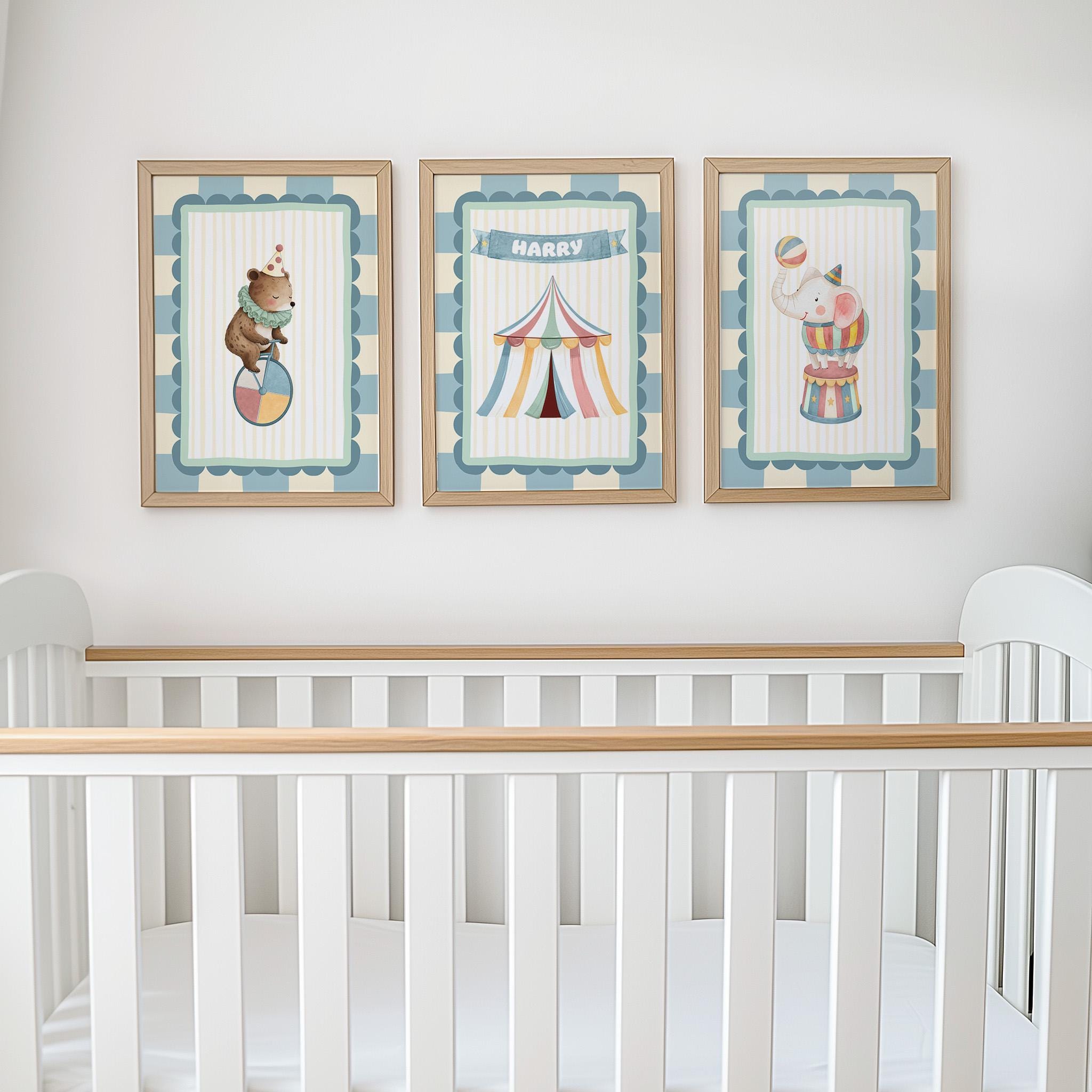 Personalised Circus Nursery Prints, Baby Name Print, Elephant Bear Big Top Tent, Kids Bedroom or Playroom Decor - Optional Frames