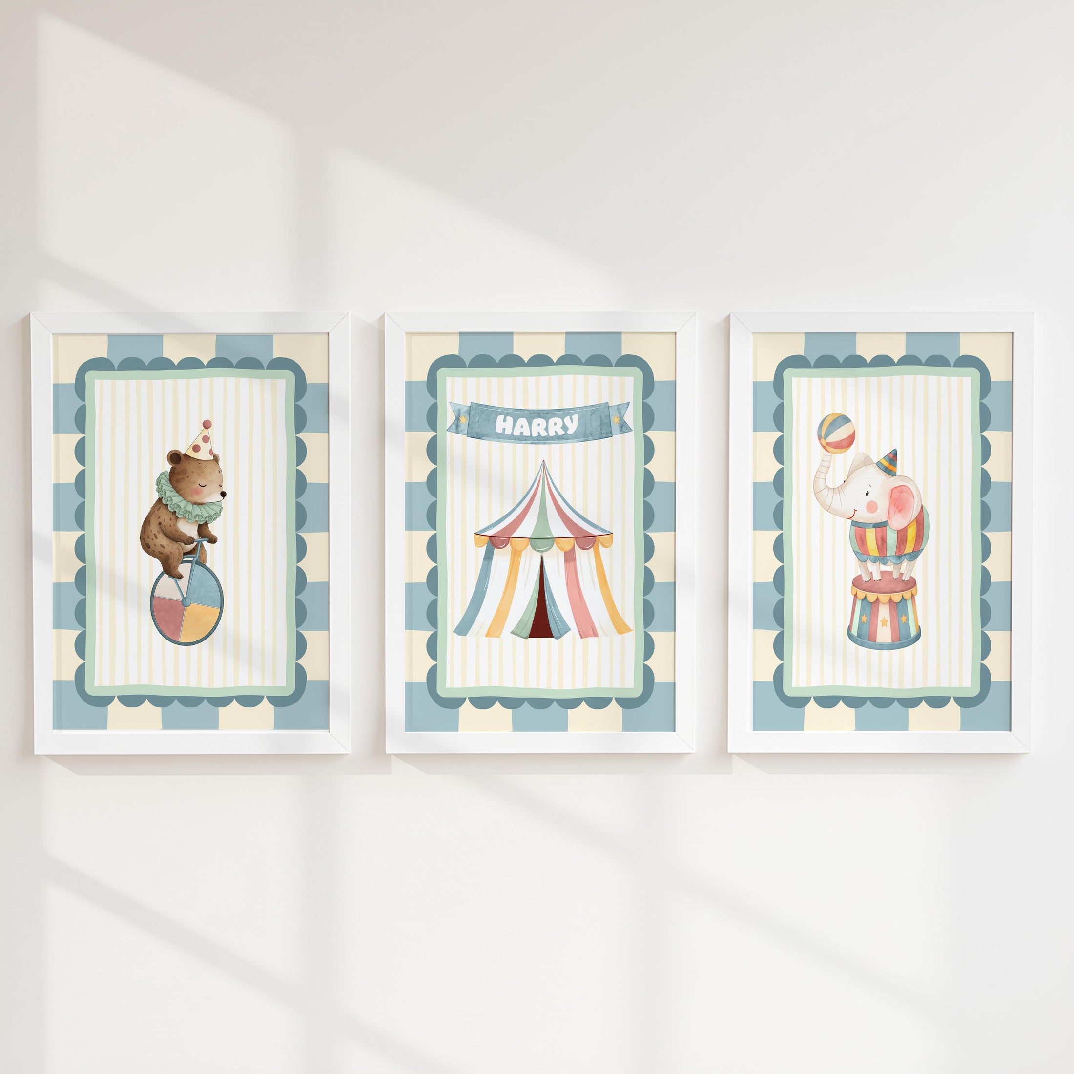 Personalised Circus Nursery Prints, Baby Name Print, Elephant Bear Big Top Tent, Kids Bedroom or Playroom Decor - Optional Frames