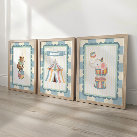 Personalised Circus Nursery Prints, Baby Name Print, Elephant Bear Big Top Tent, Kids Bedroom or Playroom Decor - Optional Frames