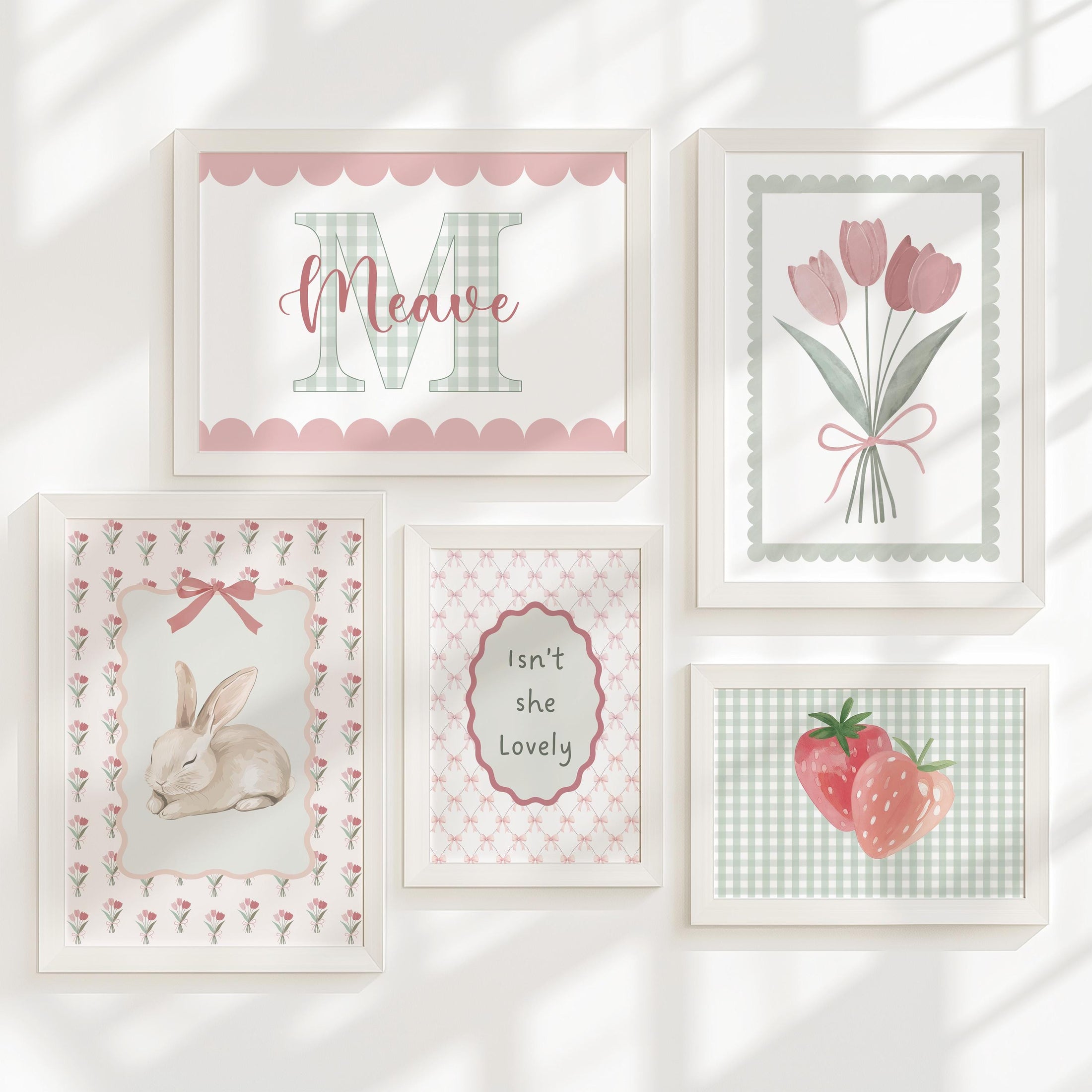 Personalised Bunny Nursery Print Set, Strawberry & Tulip Gallery Wall, Floral Baby Girl Gingham Cottagecore Wall Art - Optional Frames