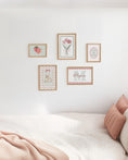Load image into Gallery viewer, Personalised Bunny Nursery Print Set, Strawberry & Tulip Gallery Wall, Floral Baby Girl Gingham Cottagecore Wall Art - Optional Frames
