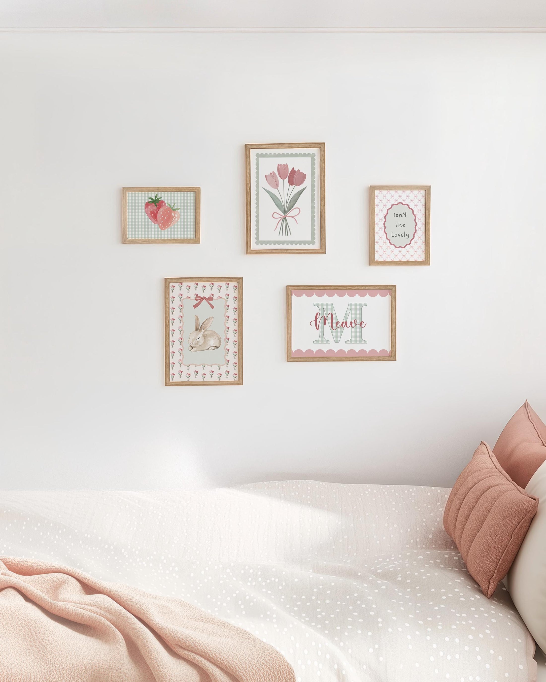 Personalised Bunny Nursery Print Set, Strawberry & Tulip Gallery Wall, Floral Baby Girl Gingham Cottagecore Wall Art - Optional Frames