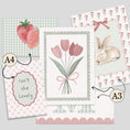 Load image into Gallery viewer, Personalised Bunny Nursery Print Set, Strawberry & Tulip Gallery Wall, Floral Baby Girl Gingham Cottagecore Wall Art - Optional Frames
