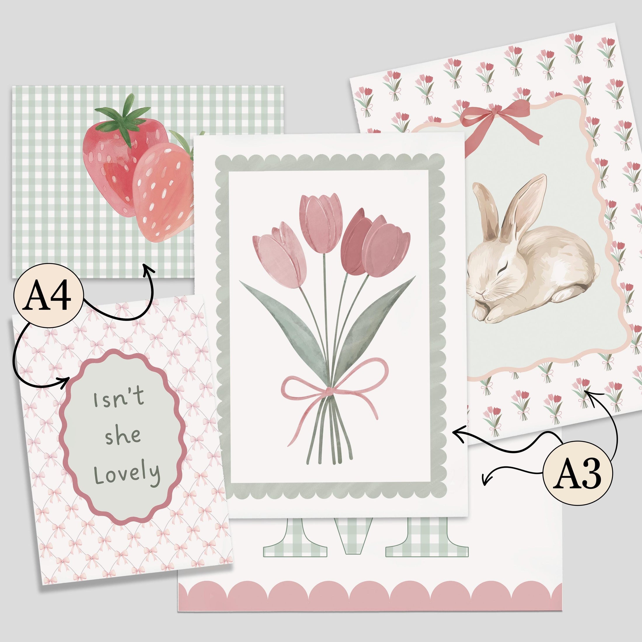Personalised Bunny Nursery Print Set, Strawberry & Tulip Gallery Wall, Floral Baby Girl Gingham Cottagecore Wall Art - Optional Frames
