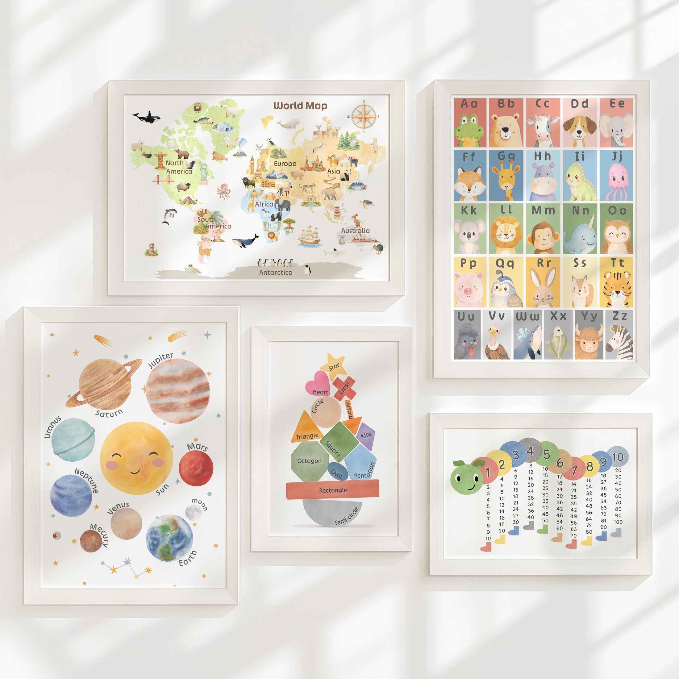 Educational Nursery Gallery Wall Set, Alphabet, Solar System Poster, World Map, Numbers and Shapes, Kids Learning Prints - Optional Frames