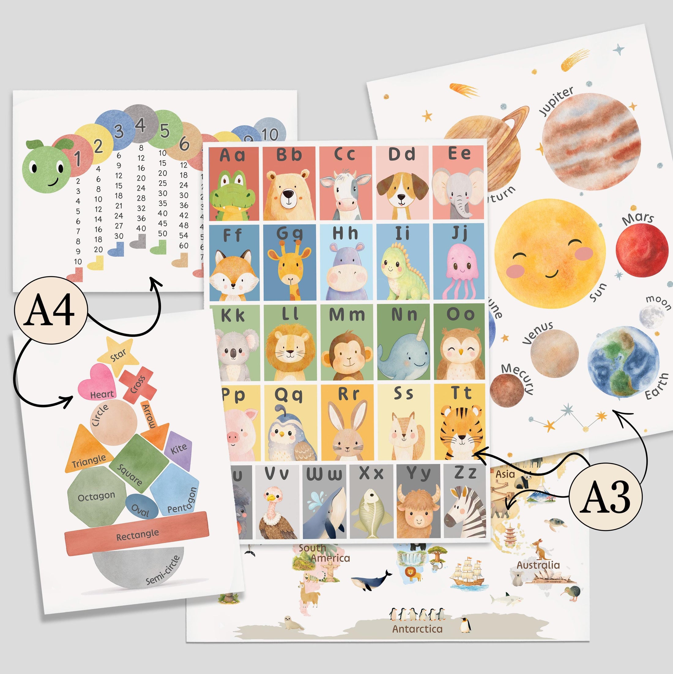 Educational Nursery Gallery Wall Set, Alphabet, Solar System Poster, World Map, Numbers and Shapes, Kids Learning Prints - Optional Frames