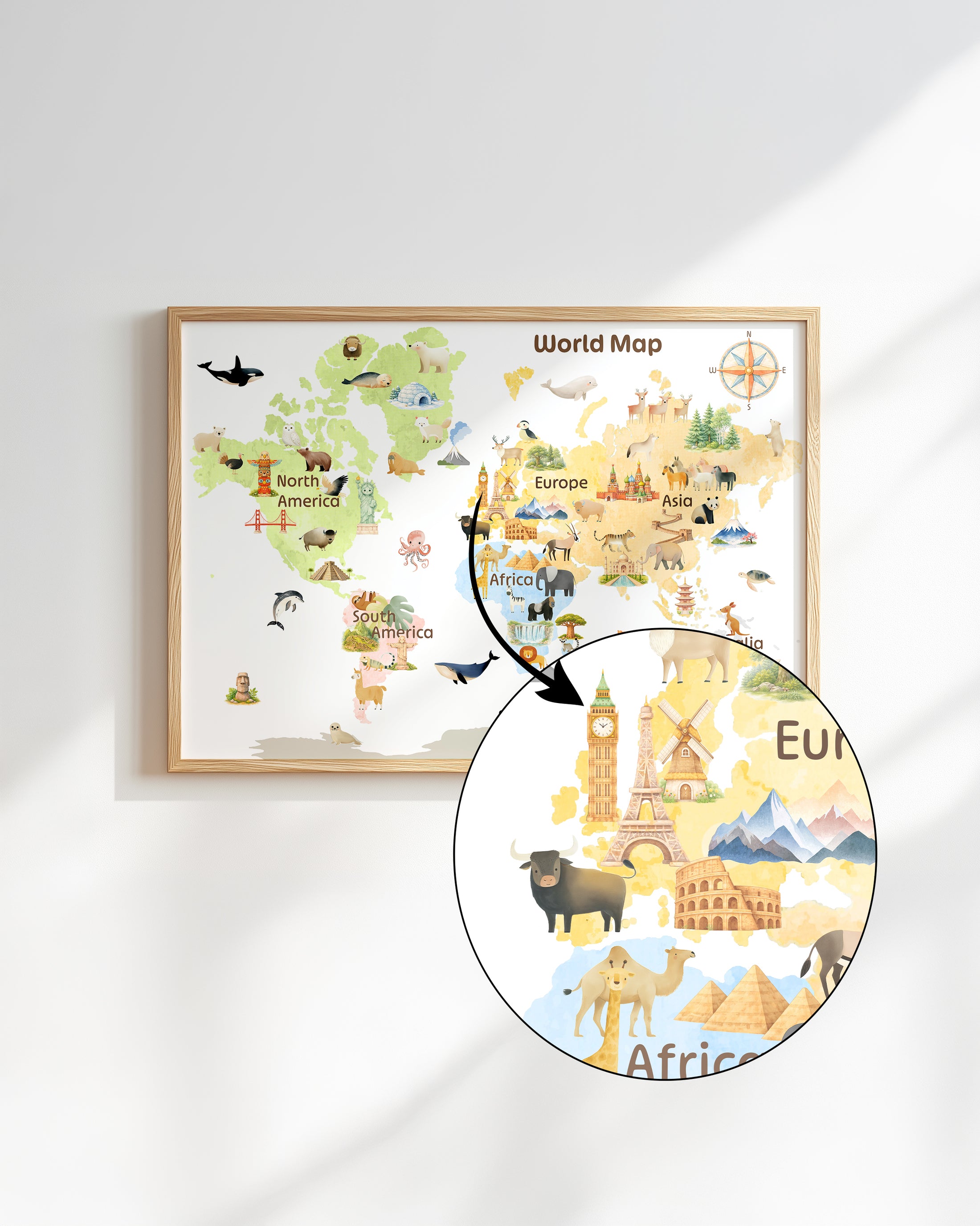 Landmarks & Animal World Map Print – Kids Room, Nursery & Playroom Wall Art